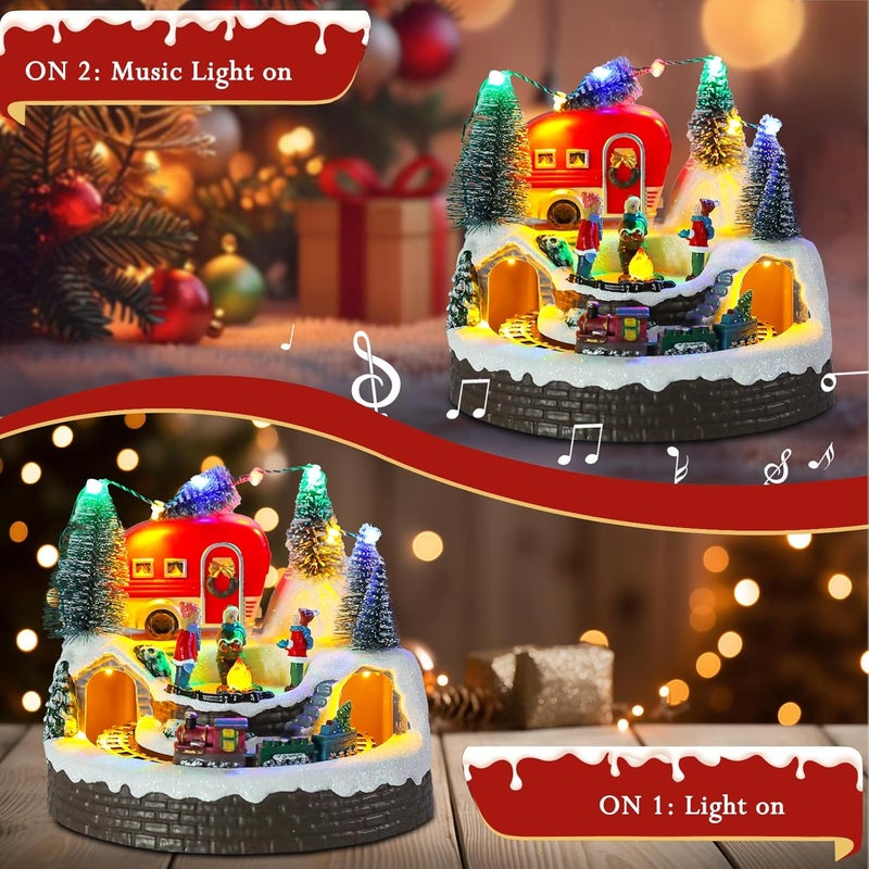 CHONSUN Christmas Village House Musical Christmas Collectible Buildings Camper Bonfire Train Rotation with LED Lights Vacation Village with USB Indoor Figurines Indoor Tabletop Decoration Xmas Decor - Image 4